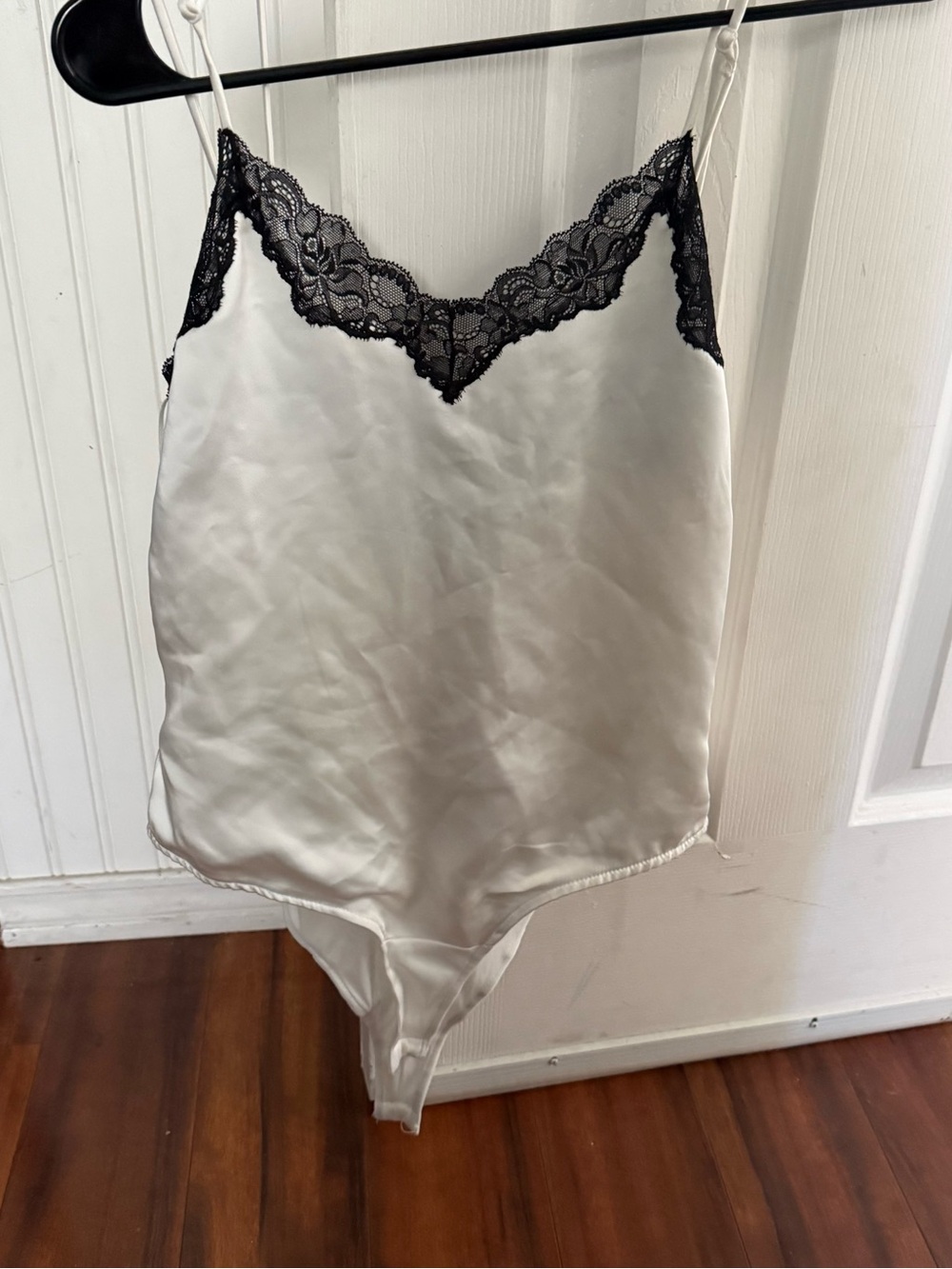 Zara White Satin Bodysuit with Black Lace V-Neck